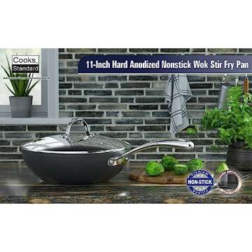 Cooks Standard Nonstick Stir-Fry Wok Pan 11-Inch, Hard Anodized Deep Frying Pan with Glass Lid, Flat Bottom, Black