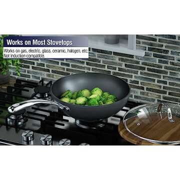 Cooks Standard Nonstick Stir-Fry Wok Pan 11-Inch, Hard Anodized Deep Frying Pan with Glass Lid, Flat Bottom, Black