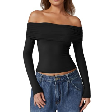 QINSEN Stylish Off The Shoulder Long Sleeve Crop Top for Women in Black S