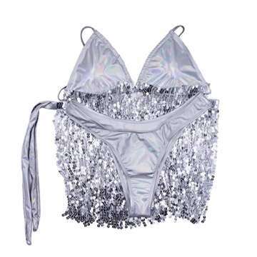 Women's 3 Piece Sparkle Sequin Tassel Swimsuit Sexy Hlater Backless Crop Top with Cover Mini Skirt Festival Outfit