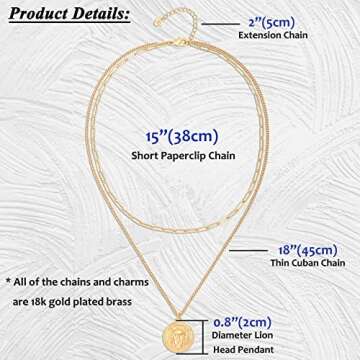 Aobei Pearl 18K Gold Lion Medallion Pendant Necklace 3D Lion Head Paper Clip Cuban Chain Choker Layering Necklace Sets for Women Round Circle Disk Statement Jewelry 15’’