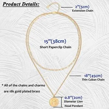 Aobei Pearl 18K Gold Lion Medallion Pendant Necklace 3D Lion Head Paper Clip Cuban Chain Choker Layering Necklace Sets for Women Round Circle Disk Statement Jewelry 15’’
