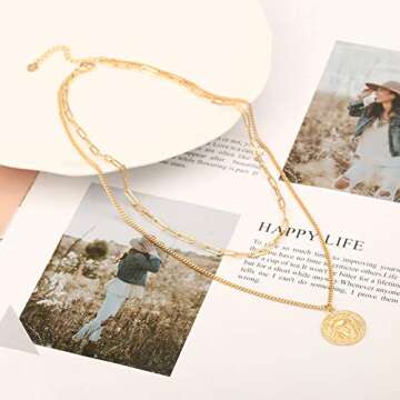 Aobei Pearl 18K Gold Lion Medallion Pendant Necklace 3D Lion Head Paper Clip Cuban Chain Choker Layering Necklace Sets for Women Round Circle Disk Statement Jewelry 15’’