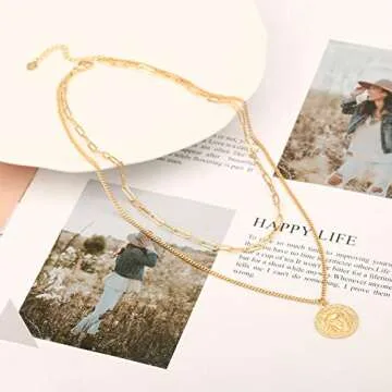 Aobei Pearl 18K Gold Lion Medallion Pendant Necklace 3D Lion Head Paper Clip Cuban Chain Choker Layering Necklace Sets for Women Round Circle Disk Statement Jewelry 15’’