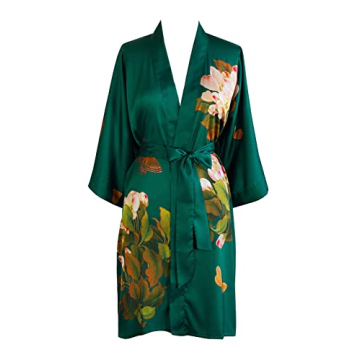 Exquisite OLDSHANGHAI Women's Charmeuse Kimono Robe - Emerald Watercolor Floral Design