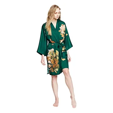 OLDSHANGHAI Women's Charmeuse Kimono Robe - Emerald Floral
