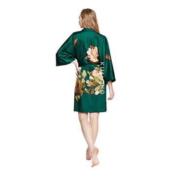OLDSHANGHAI Women's Charmeuse Kimono Robe - Emerald Floral