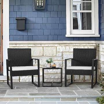 Flamaker 3 Pieces Patio Furniture Outdoor Wicker Modern Rattan Chair Conversation Sets with Coffee T...