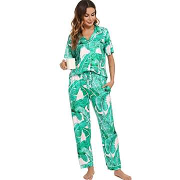 Lovasy Womens Pajamas Set Floral Pattern Print Silk Lounge Pjs Short Sleeve Button Down Sleepwear (P...