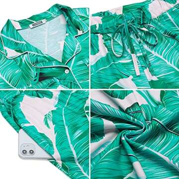 Lovasy Womens Pajamas Set Floral Pattern Print Silk Lounge Pjs Short Sleeve Button Down Sleepwear (Print Green, L)