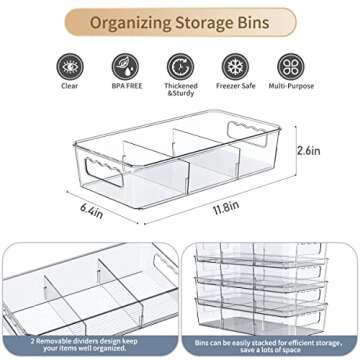 Clear Plastic Food Storage Organizer Bins,8 Pack Pantry Organizations and Storage Bins with Removable Dividers, Stackable Refrigerator Organizer Bins Fridge Organizers Kitchen Cabinet Organizers