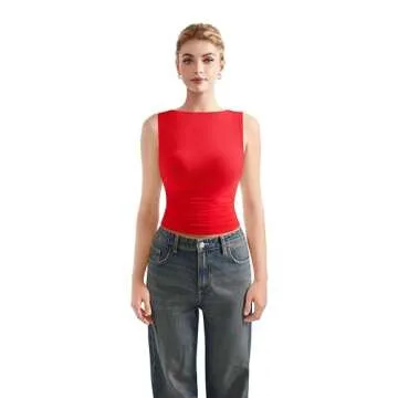 SUUKSESS Women Double Lined Sleeveless Going Out Basic Tank Tops Ruched Summer Casual T Shirts (Red, Small)