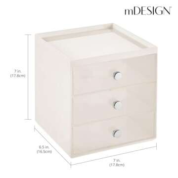 mDesign Makeup Organizer Storage Station Cube with 3 Drawers for Bathroom Vanity, Cabinet, Countertops - Holds Lip Gloss, Eyeshadow Palettes, Brushes, Blush, Mascara - Cream Beige/Clear