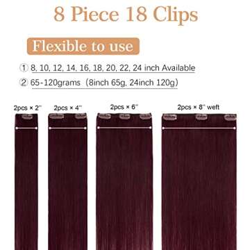 MY-LADY Clip In Hair Extensions 100% Real Human Hair 13 Inch 8pcs Remy Real Hair Extension Clip ins #99J Burgundy Wine Red 80g Real Full Head Soft Natural Extension
