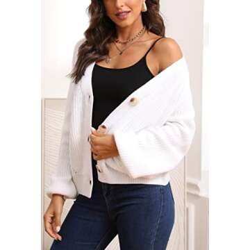 Asskdan Women's V Neckline Button Down Knitwear Lantern Sleeve Basic Knit Cardigan Sweater Tops (as1, Alpha, x_l, Regular, Regular, White)
