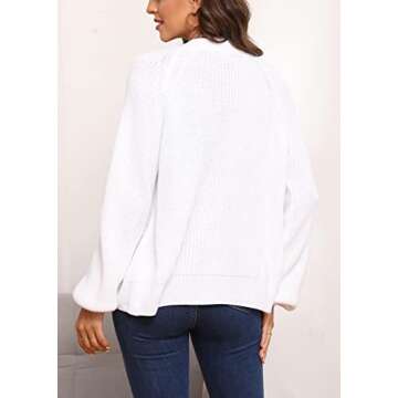 Asskdan Women's V Neckline Button Down Knitwear Lantern Sleeve Basic Knit Cardigan Sweater Tops (as1, Alpha, x_l, Regular, Regular, White)