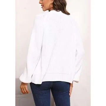 Asskdan Women's V Neckline Button Down Knitwear Lantern Sleeve Basic Knit Cardigan Sweater Tops (as1, Alpha, x_l, Regular, Regular, White)