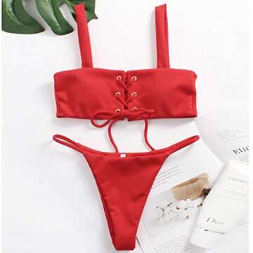 Lukitty Women's Push up Bandeau Swimsuit High Cut Strap Bathing Suit Bikini Set S Red