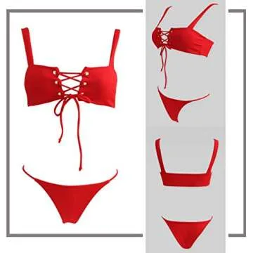 Lukitty Women's Push up Bandeau Swimsuit High Cut Strap Bathing Suit Bikini Set S Red