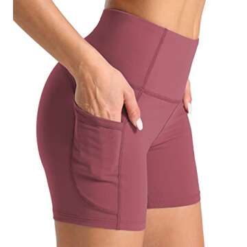 Wjustforu Women's 5" High Waist Biker Shorts Tummy Control Compression Yoga Short Tight Shorts for Workout Running (Small, Rose Red)
