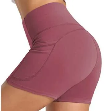 Wjustforu Women's 5" High Waist Biker Shorts Tummy Control Compression Yoga Short Tight Shorts for Workout Running (Small, Rose Red)
