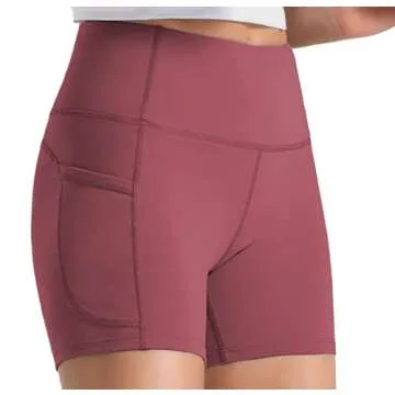 Wjustforu Women's 5" High Waist Biker Shorts Tummy Control Compression Yoga Short Tight Shorts for Workout Running (Small, Rose Red)