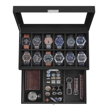 SONGMICS Lockable 12-Slot Watch Box with Drawer