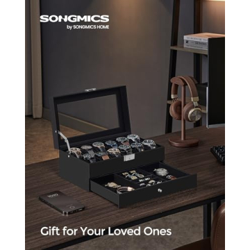 SONGMICS Lockable 12-Slot Watch Box with Drawer