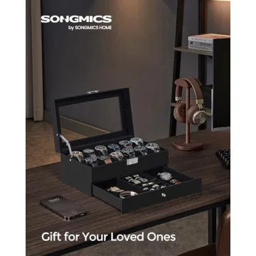 SONGMICS Lockable 12-Slot Watch Box with Drawer