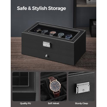 SONGMICS Lockable 12-Slot Watch Box with Drawer