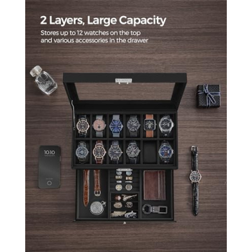 SONGMICS Lockable 12-Slot Watch Box with Drawer