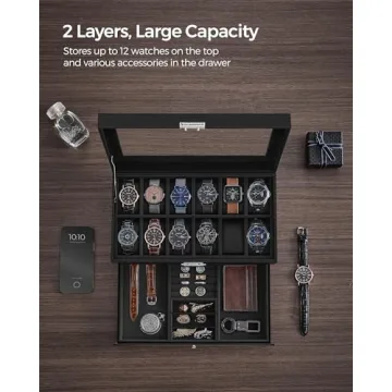 SONGMICS Lockable 12-Slot Watch Box with Drawer