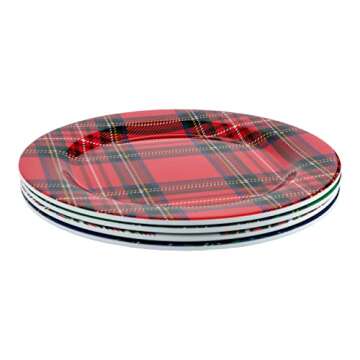 C.R. Gibson Holiday Plate Set for Dinners and Parties, Plaid, Reusable, Melamine, 4 Count, 9" Diameter (QAPS2-24058), Christmas