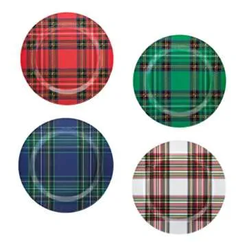 C.R. Gibson Holiday Plate Set for Dinners and Parties, Plaid, Reusable, Melamine, 4 Count, 9" Diameter (QAPS2-24058), Christmas