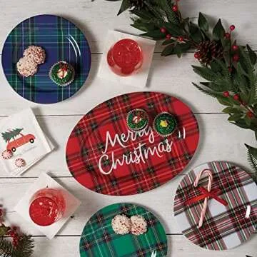 C.R. Gibson Holiday Plate Set for Dinners and Parties, Plaid, Reusable, Melamine, 4 Count, 9" Diameter (QAPS2-24058), Christmas