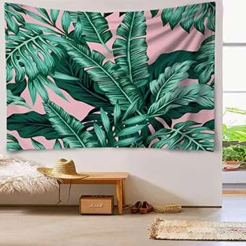 ASOCO Tapestry Wall Hanging Tropical Green Leaves Pink Exotic Leaf Tropic Banana Palm Floral Flower ...