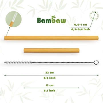 Bambaw Bamboo Reusable Straws | Eco Friendly Long Straws with Straw Cleaner Brush | Biodegradable Alternative to Plastic Straws | Durable Travel Drinking Straws | 6 Straws 5.5 Inch & 6 Straws 8.7 Inch