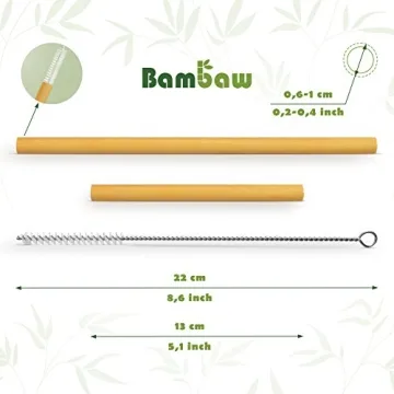 Bambaw Bamboo Reusable Straws | Eco Friendly Long Straws with Straw Cleaner Brush | Biodegradable Alternative to Plastic Straws | Durable Travel Drinking Straws | 6 Straws 5.5 Inch & 6 Straws 8.7 Inch