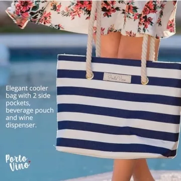 PortoVino Insulated Wine Purse Tote Bag - Canvas Drink Pouches with Hidden Spout and Wine Dispenser Flask - Beach Bag Holds 50 oz Beverage for Travel, Concerts - For Drink Lovers - Blue/White