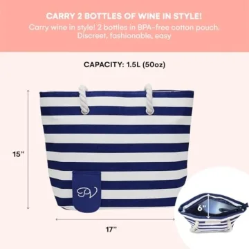 PortoVino Insulated Wine Purse Tote Bag - Canvas Drink Pouches with Hidden Spout and Wine Dispenser Flask - Beach Bag Holds 50 oz Beverage for Travel, Concerts - For Drink Lovers - Blue/White