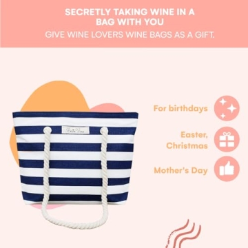 PortoVino Insulated Wine Purse Tote Bag - Canvas Drink Pouches with Hidden Spout and Wine Dispenser Flask - Beach Bag Holds 50 oz Beverage for Travel, Concerts - For Drink Lovers - Blue/White