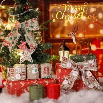 5 Colors Wreaths Burlap Ribbon- Total 27.3yards Christmas Xmas Wired Edge Ribbon for Gift Wrapping B...