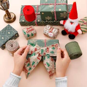 5 Colors Wreaths Burlap Ribbon- Total 27.3yards Christmas Xmas Wired Edge Ribbon for Gift Wrapping Bows Rustic Crafts Supplies Weddings Holiday Decorations - 2.4in Wide