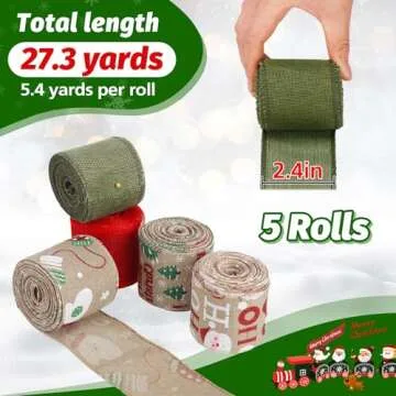 5 Colors Wreaths Burlap Ribbon- Total 27.3yards Christmas Xmas Wired Edge Ribbon for Gift Wrapping Bows Rustic Crafts Supplies Weddings Holiday Decorations - 2.4in Wide