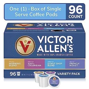 Victor Allen's Coffee Variety Pack (Morning Blend, 100% Colombian, Donut Shop Blend, and French Roast), 96 Count, Single Serve Coffee Pods for Keurig K-Cup Brewers