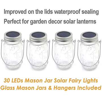 Solar Fairy Jar Lights,4 Pack 30 Led Mason Jar Decor Firefly Lights,for Outdoor Patio Garden Table Decorations Solar Lantern Mother's Day Gift(Mason Jars/Hangers Included)