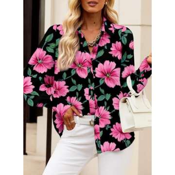 EVALESS Women's Fashion 2023 Long Sleeve Shirt - Cute Print, Black Button Down, V Neck, Dressy Casual Boho, Small