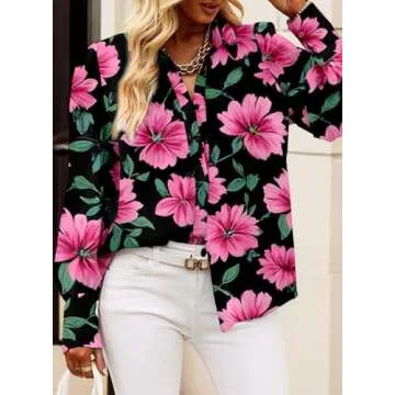 EVALESS Women's Fashion 2023 Long Sleeve Shirt - Cute Print, Black Button Down, V Neck, Dressy Casual Boho, Small