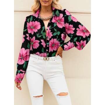 EVALESS Women's Fashion 2023 Long Sleeve Shirt - Cute Print, Black Button Down, V Neck, Dressy Casual Boho, Small