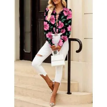 EVALESS Women's Fashion 2023 Long Sleeve Shirt - Cute Print, Black Button Down, V Neck, Dressy Casual Boho, Small